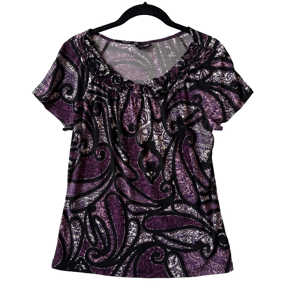 East‎ 5th Purple Paisley Ruffled Neck Short Sleeve Stretch Top M Y2K Whimsigoth